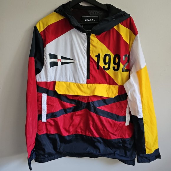 Reason Anorak Jacket 1992 Multi Color Pullover Men's Large Red/Blue/Yellow/White